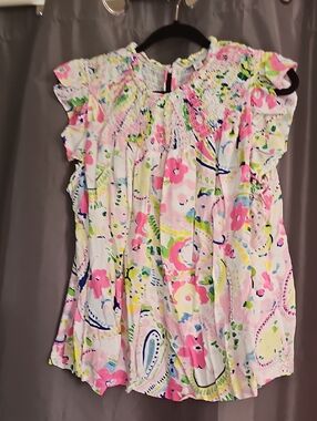 crown & ivy Pink Floral Smocked Top with Blue & Green Accents